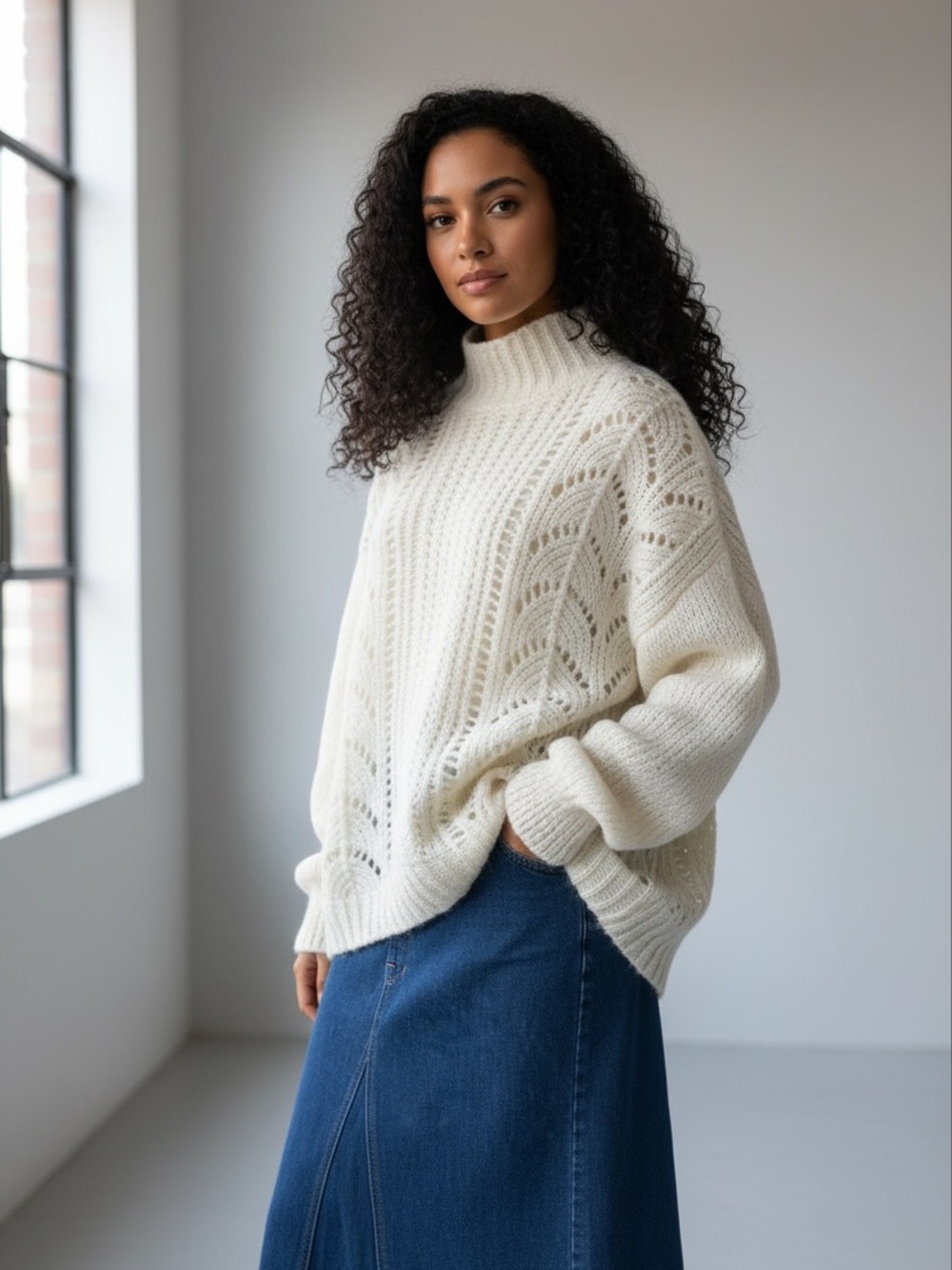 American Vintage Alpaca-Mohair Blend Open-Knit Sweater Cream M/L  Mock Neck Fall